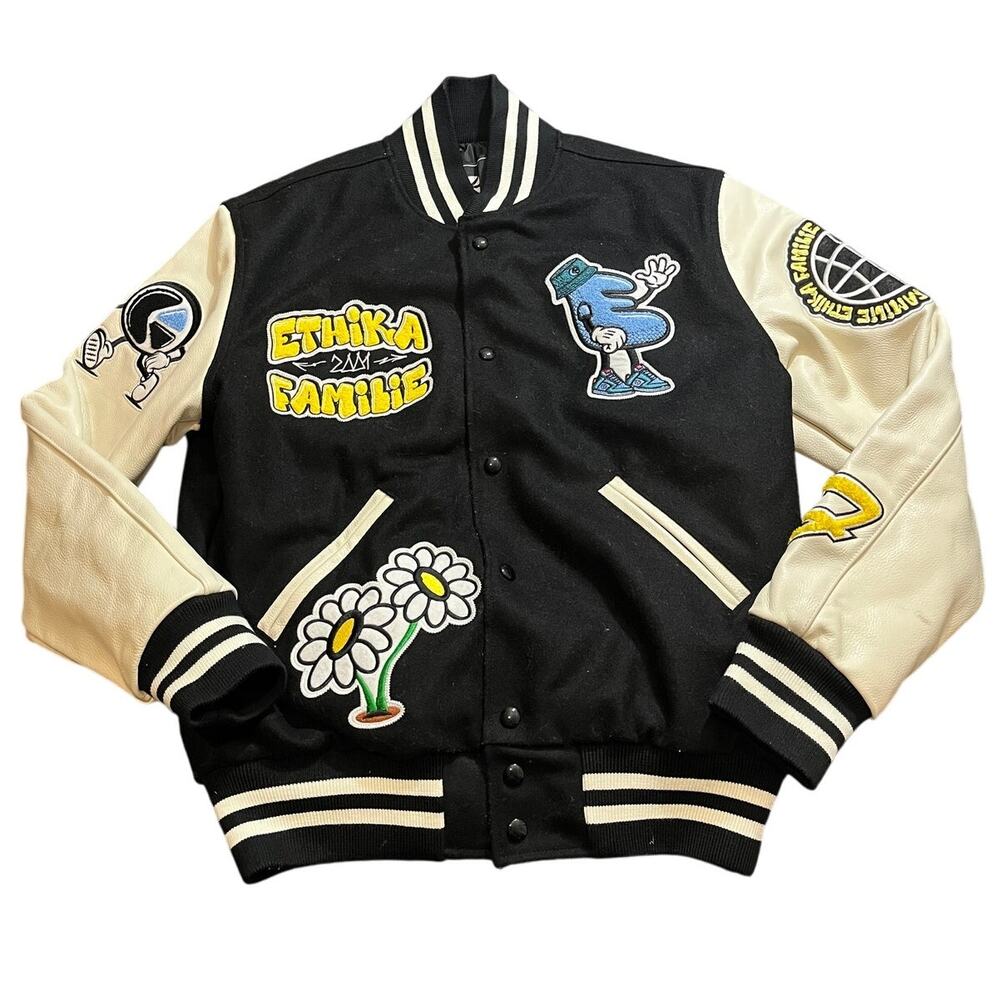 Ethika Black Genuine Leather Wool Varsity Jacket Letterman Graphic Unisex Small